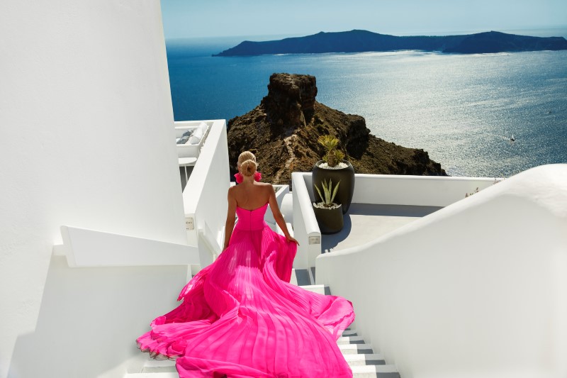 Santorini wedding lady pink dress